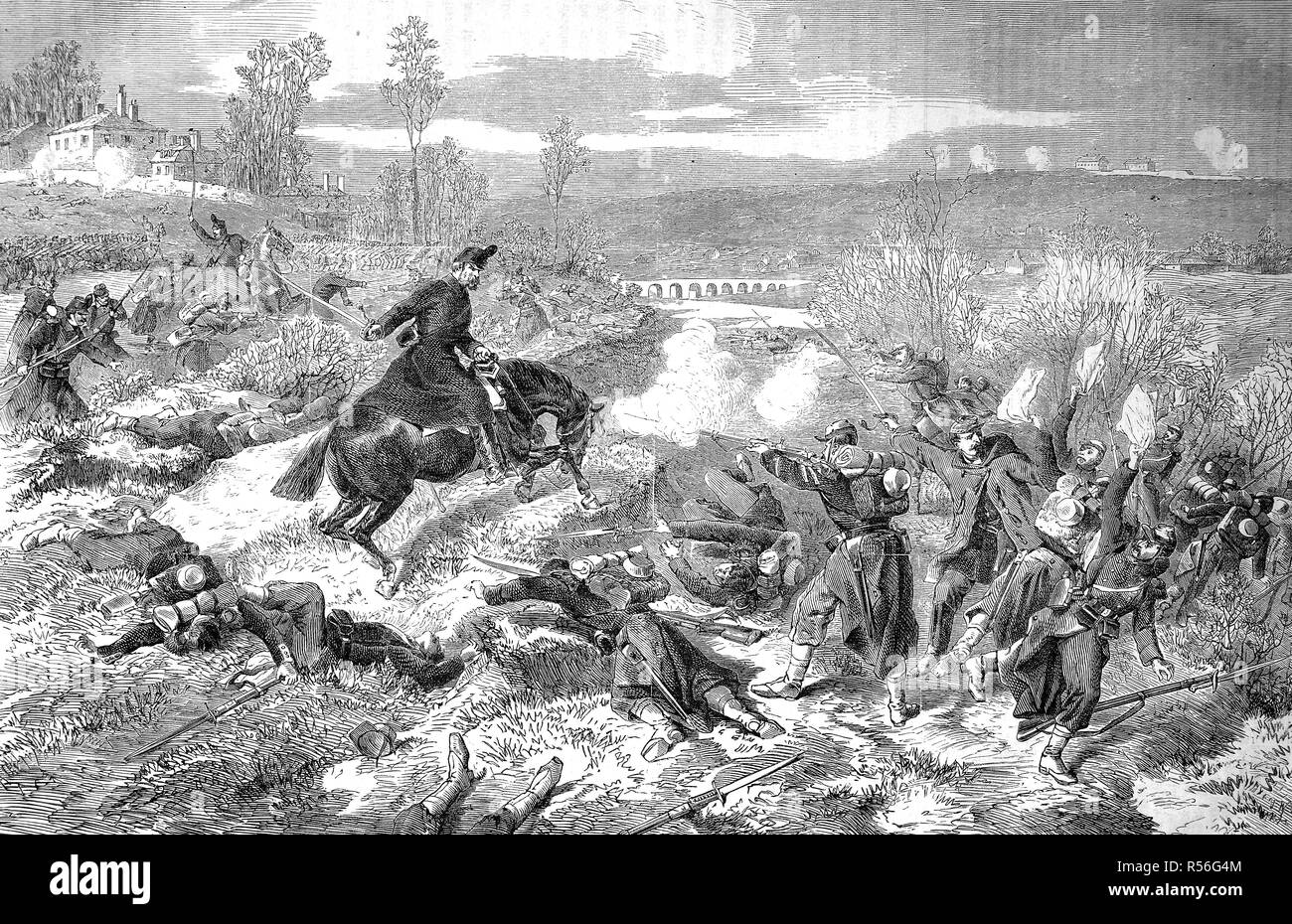 The Royal Saxon Rifle Regiment No.108 in the battle near Villiers on 2 December, Franco-German War 1870/71, woodcut, France Stock Photo