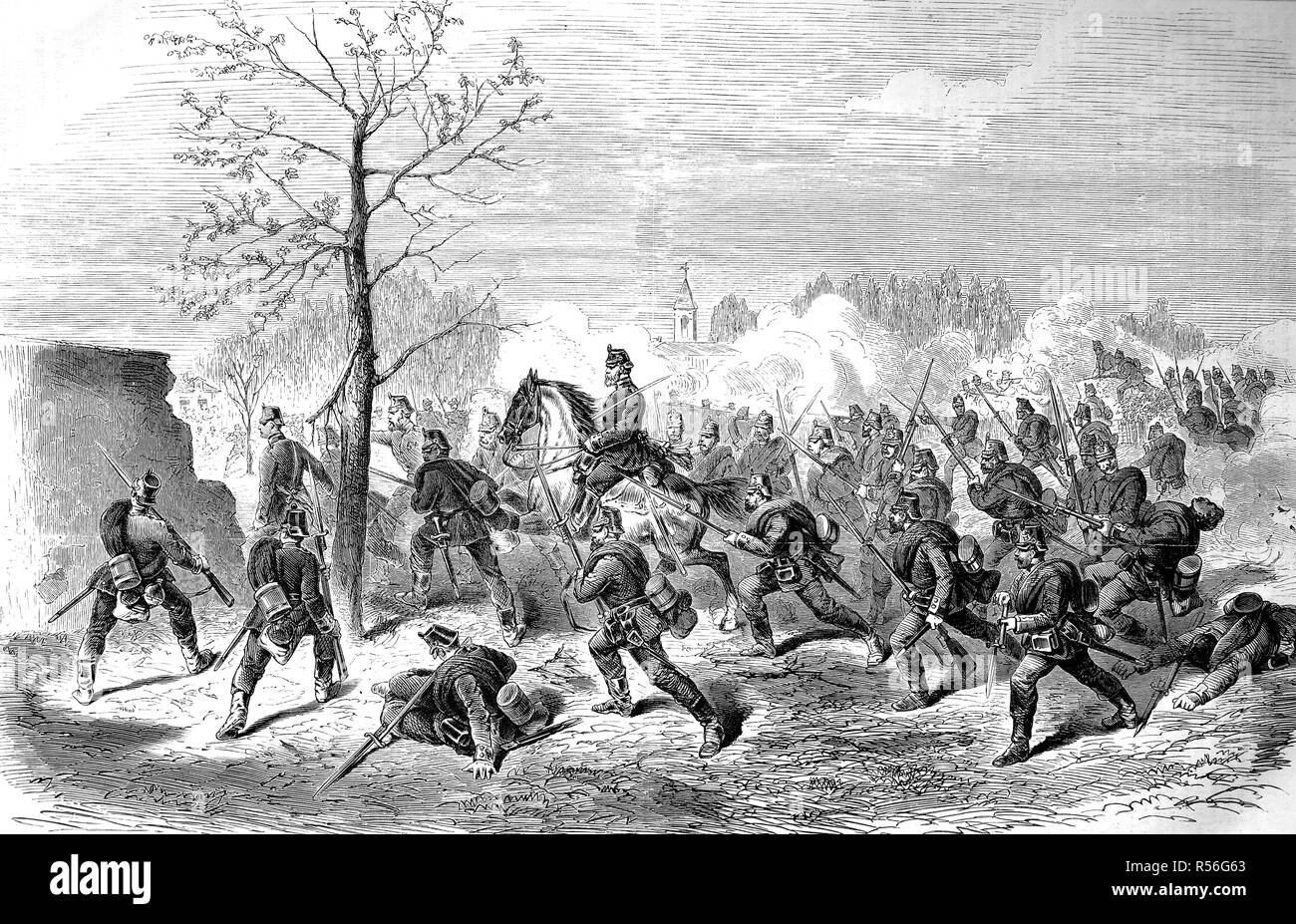 Attack of the Prussian guards on the village of Le Bourget on 30 October, Franco-German War 1870/71, woodcut, France Stock Photo