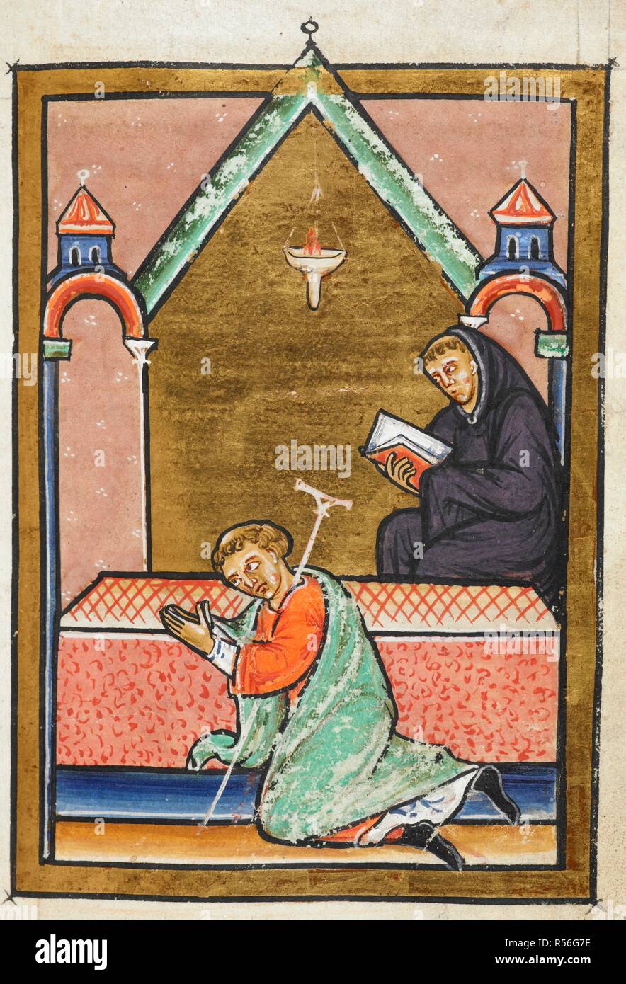 Miniature of a sick man being healed while praying at Cuthbert's tomb, from Chapter 44 of Bede's prose Life of St Cuthbert. Prose Life of St. Cuthbert; extracts from the Historia Ecclesiastica (History of the English Church and People). England, N. (Durham). Last quarter of the 12th century. Source: Yates Thompson 26 f.79. Language: Latin. Stock Photo