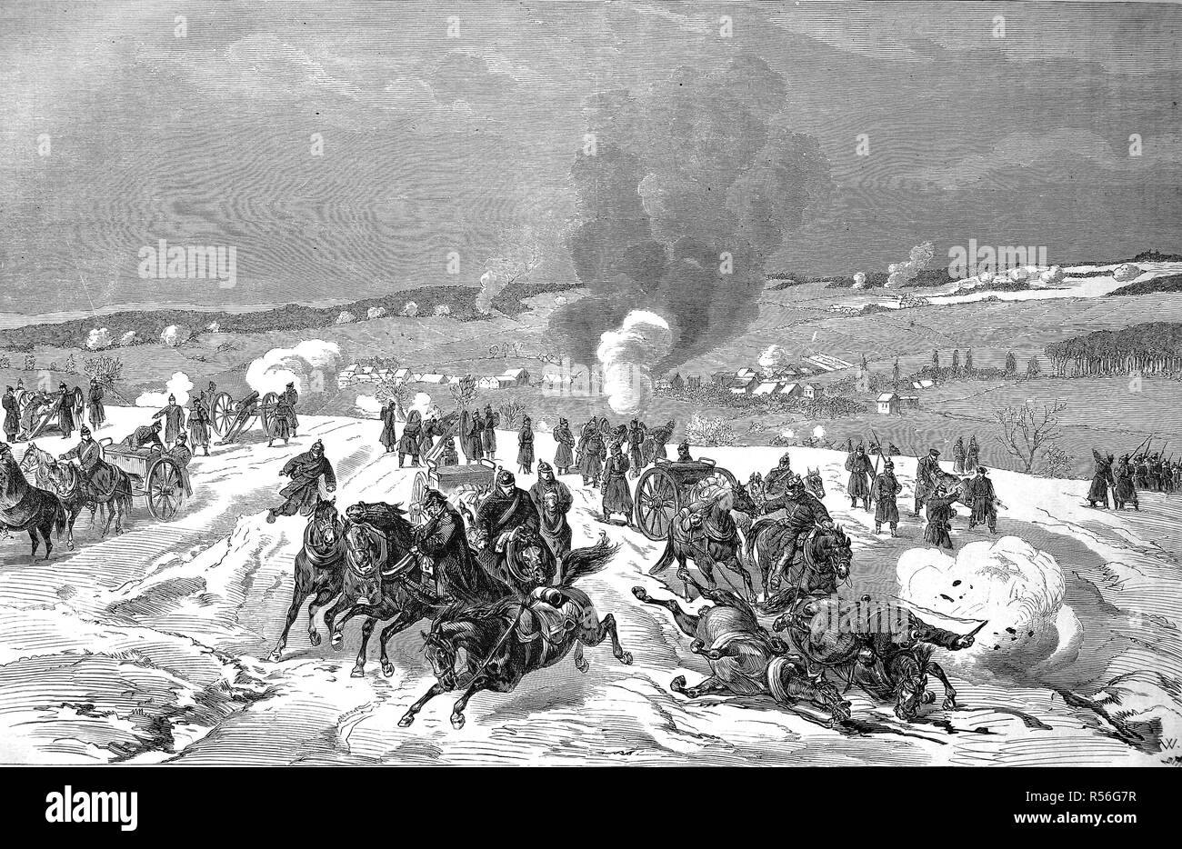 Gun battle near Bussurel near Hericourt on January 17, 1871, Franco-German War 1870/71, woodcut, France Stock Photo