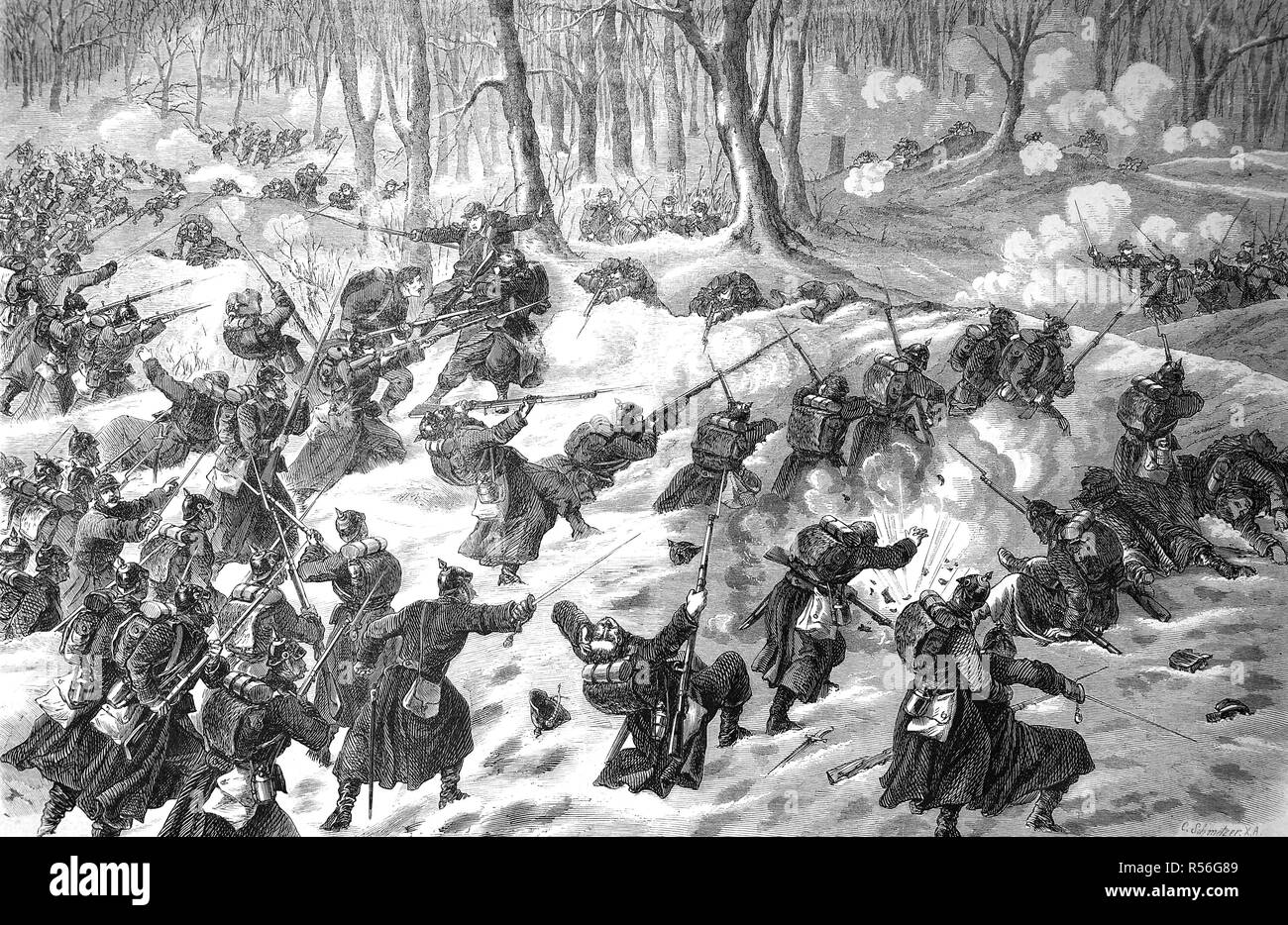 Battle at Grand-Luce on January 11th, Franco-German War 1870/71, woodcut, France Stock Photo