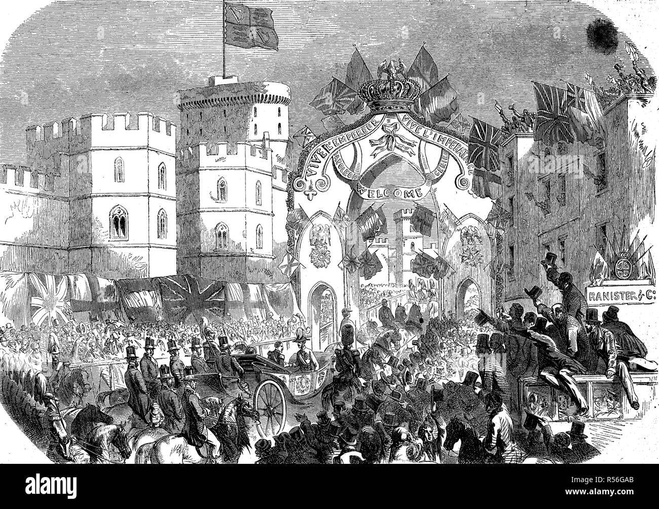 The arrival of the french emperor Napoleon at Windsor castle, 1855, woodcut, England Stock Photo
