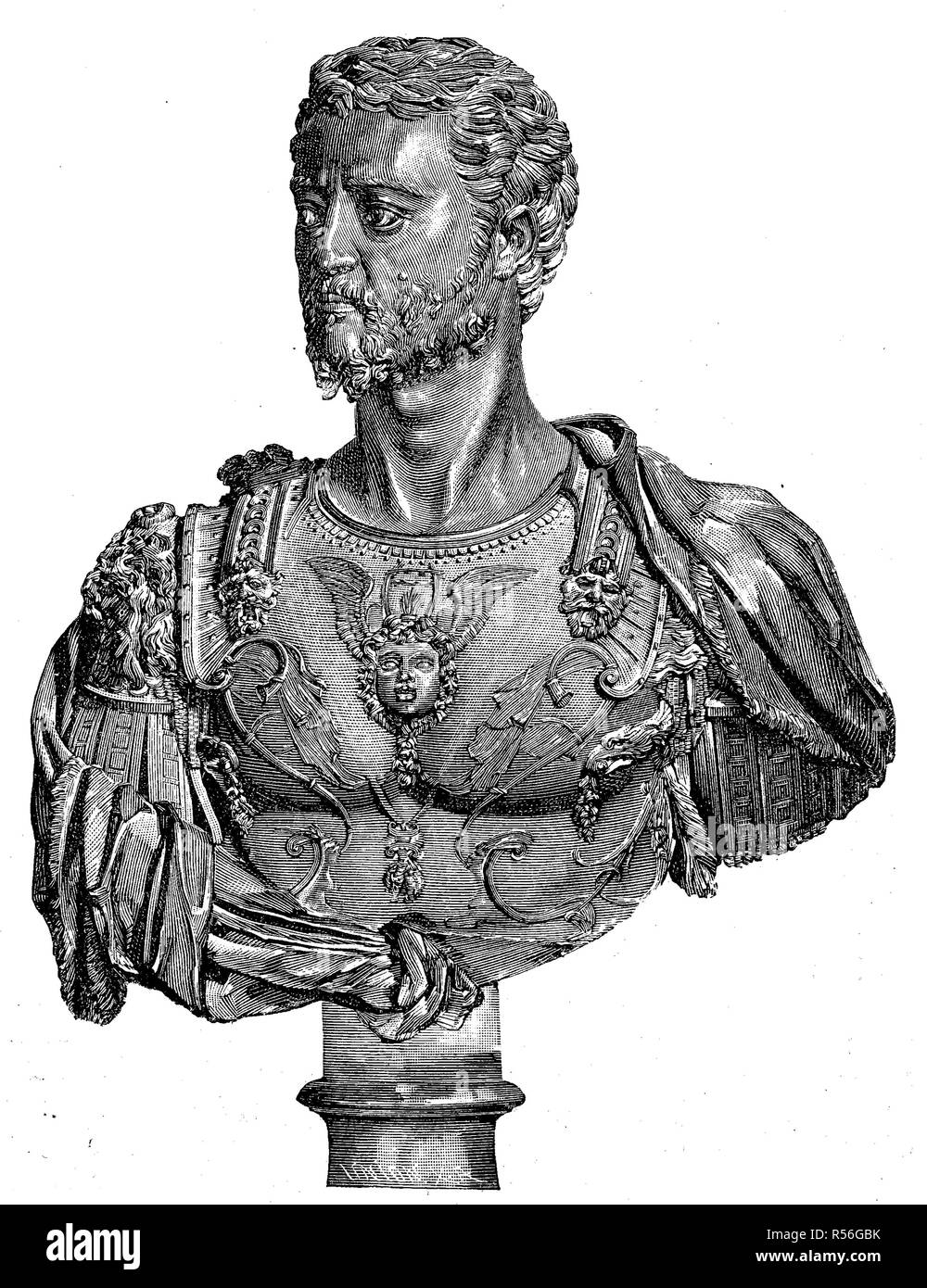 Bust of Cosimo I de Medici, 1519, 1574, the second Duke of Florence, woodcut, Italy Stock Photo