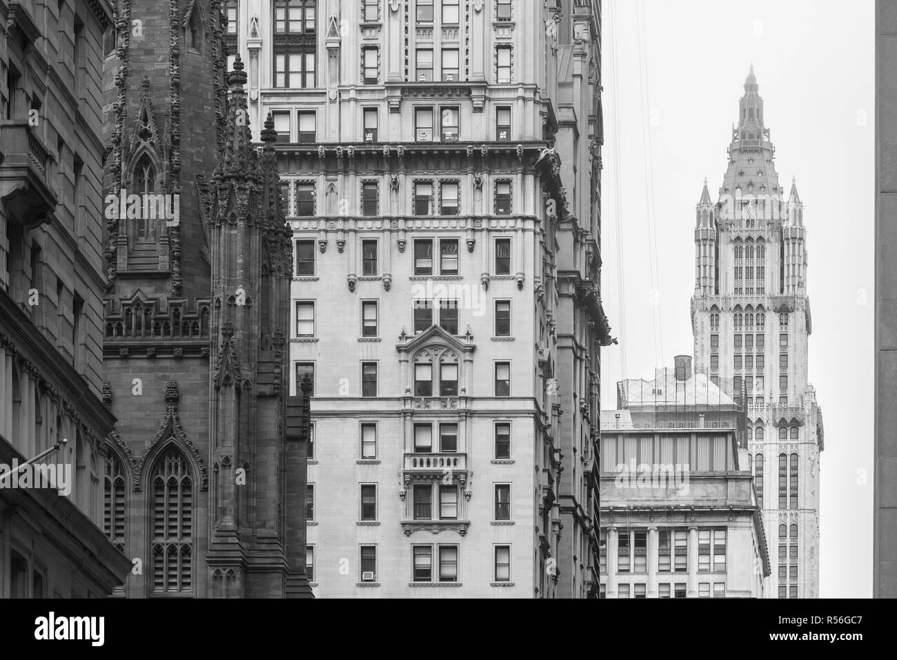 New York City, Lower Manhattan, skyscrapers on Broadway street. Stock Photo