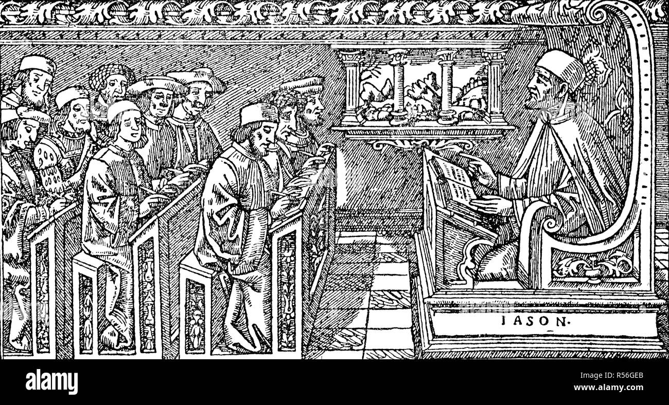 The jurist Jason de Mayno dictated in the lecture, 1500, woodcut, Italy Stock Photo
