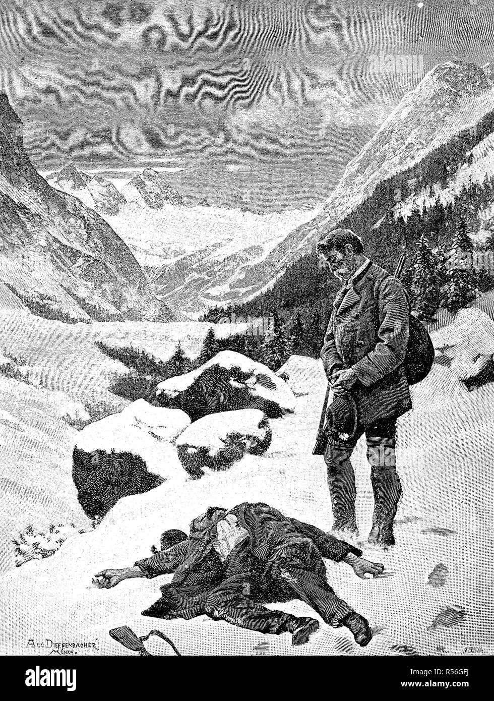 The end of the poachers, Hunter has provided a poacher and shot, 1880, woodcut, Austria Stock Photo