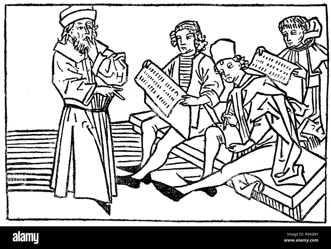 Lessons in logic and grammar from mirror of human life, 1479, woodcut, England Stock Photo