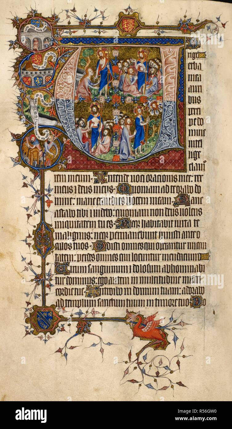 Historiated initial 'V'(irgine) at the Matins of the Office of the Dead: Noli me tangere, Christ showing his wounds to his disciples (John 20:20), the incredulity of Thomas, Christ and his disciples praying. In the border, a tomb (perhaps the Earl of Arundel's), a grave with a shrouded corpse, two men putting treasure in a chest and the arms of England (before 1340) and the arms of Bohun. Psalter, Use of Sarum ('The Bohun Psalter and Hours'), imperfect. England (S. E., London?); 2nd half of the 14th century, after 1356, and probably before 1373. Source: Egerton 3277, f.145v. Stock Photo