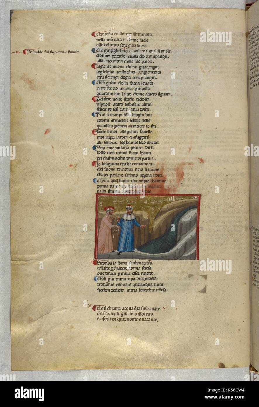 Inferno: At a waterfall. Dante Alighieri, Divina Commedia ( The Divine Comedy ), with a commentary in Latin. 1st half of the 14th century. Source: Egerton 943, f.29v. Language: Italian, Latin. Stock Photo