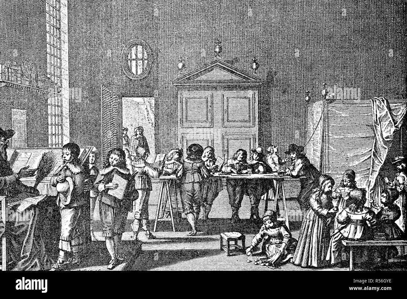 School of boys in the 17th century, woodcut, England Stock Photo