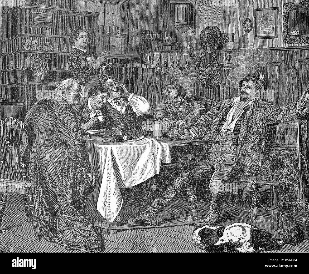 Jägerlatein, hunter exaggerates in the family with his prey, scene from a living room in a farmhouse, woodcut, Austria Stock Photo