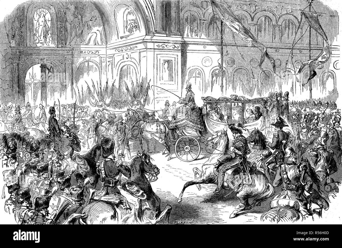 The arrival of emperor Napoleon at the industrial exhibition, Paris, 1855, woodcut, France Stock Photo