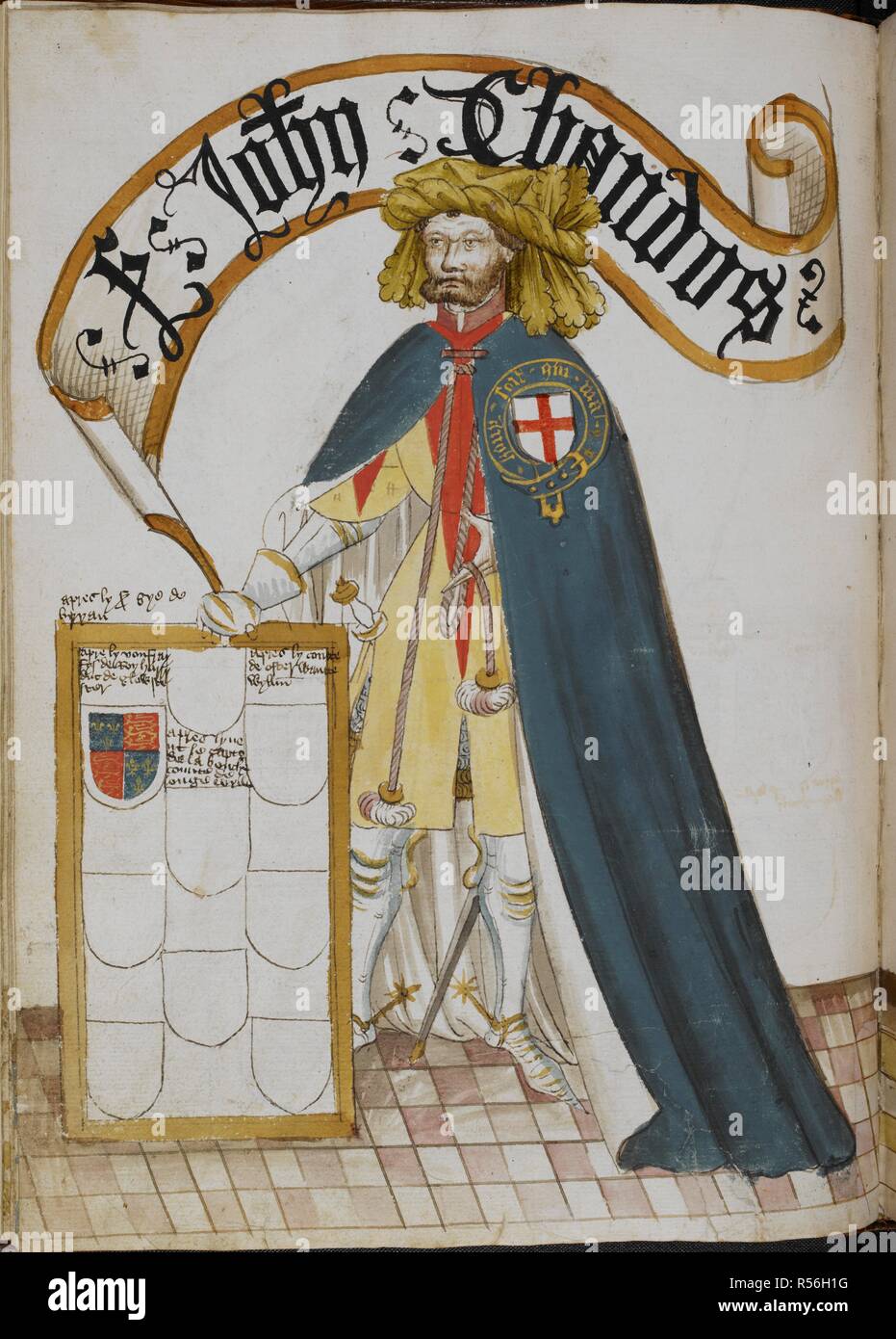 Sir John Chandos (d.1369), a founder Knight of the Order of the Garter, wearing a blue Garter mantle over plate armour and surcoat displaying his arms. . Pictorial book of arms of the Order of the Garter ('William Bruges's Garter Book'). England, S. E. (probably London); c. 1430- c. 1440 (before 1450). Source: Stowe 594 f.12v. Stock Photo