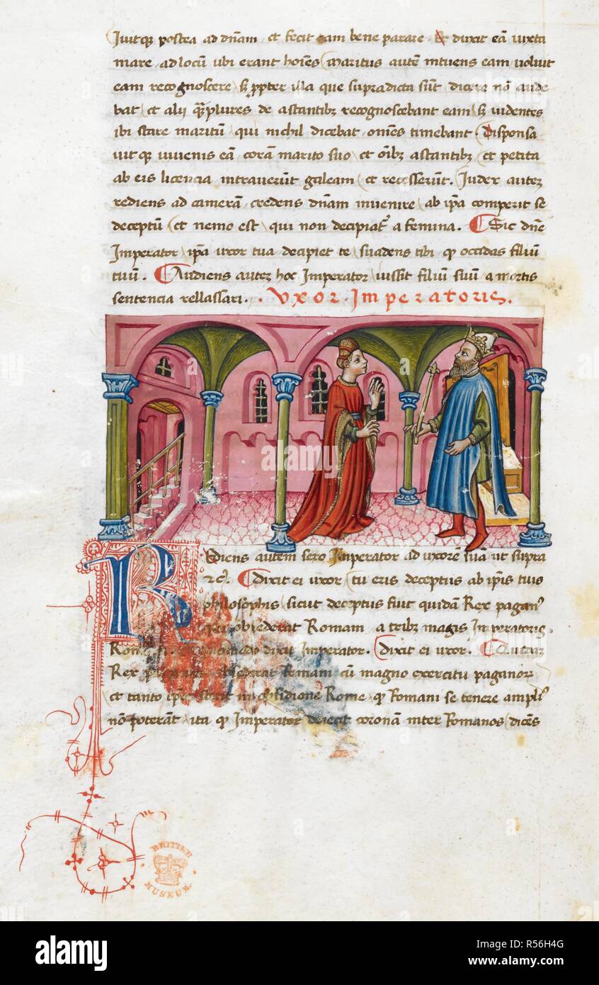 A Roman emperor and his wife in a palace. LIBELLUS de Moribus et Officiis Nobilium intitulatus, et ad ipsorum solacium et honorem, et maxime ludum Scaceliorum sciencium, descriptus, compositus et compilatus, per venerabilem et excellentissimum virum... c. 1400. Source: Add. 15685, f.92v. Language: English and Italian. Stock Photo