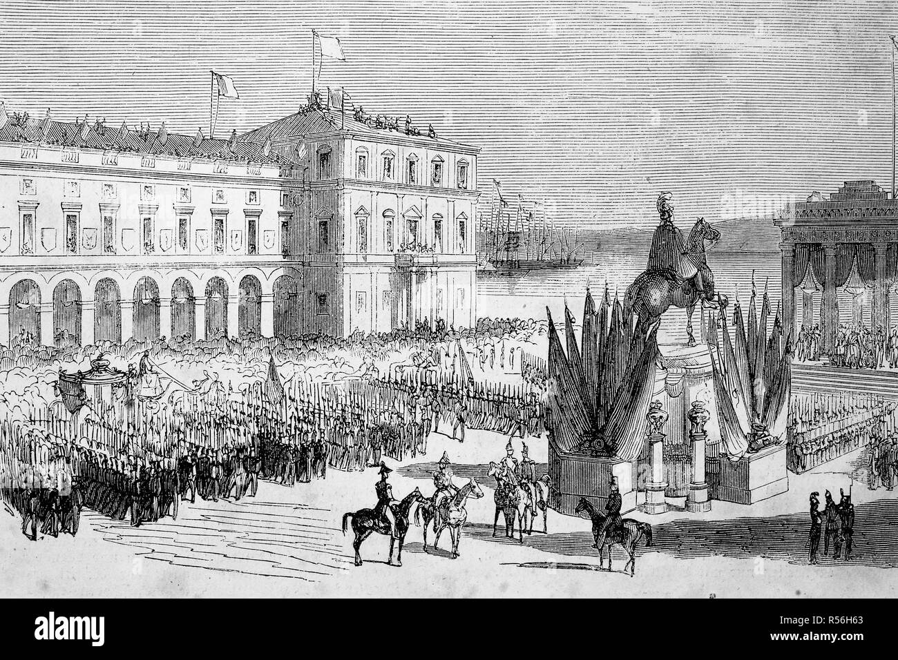 Homage of the King of Portugal on the main square of Lisbon, 1855, digital improved reproduction of an original print from the Stock Photo