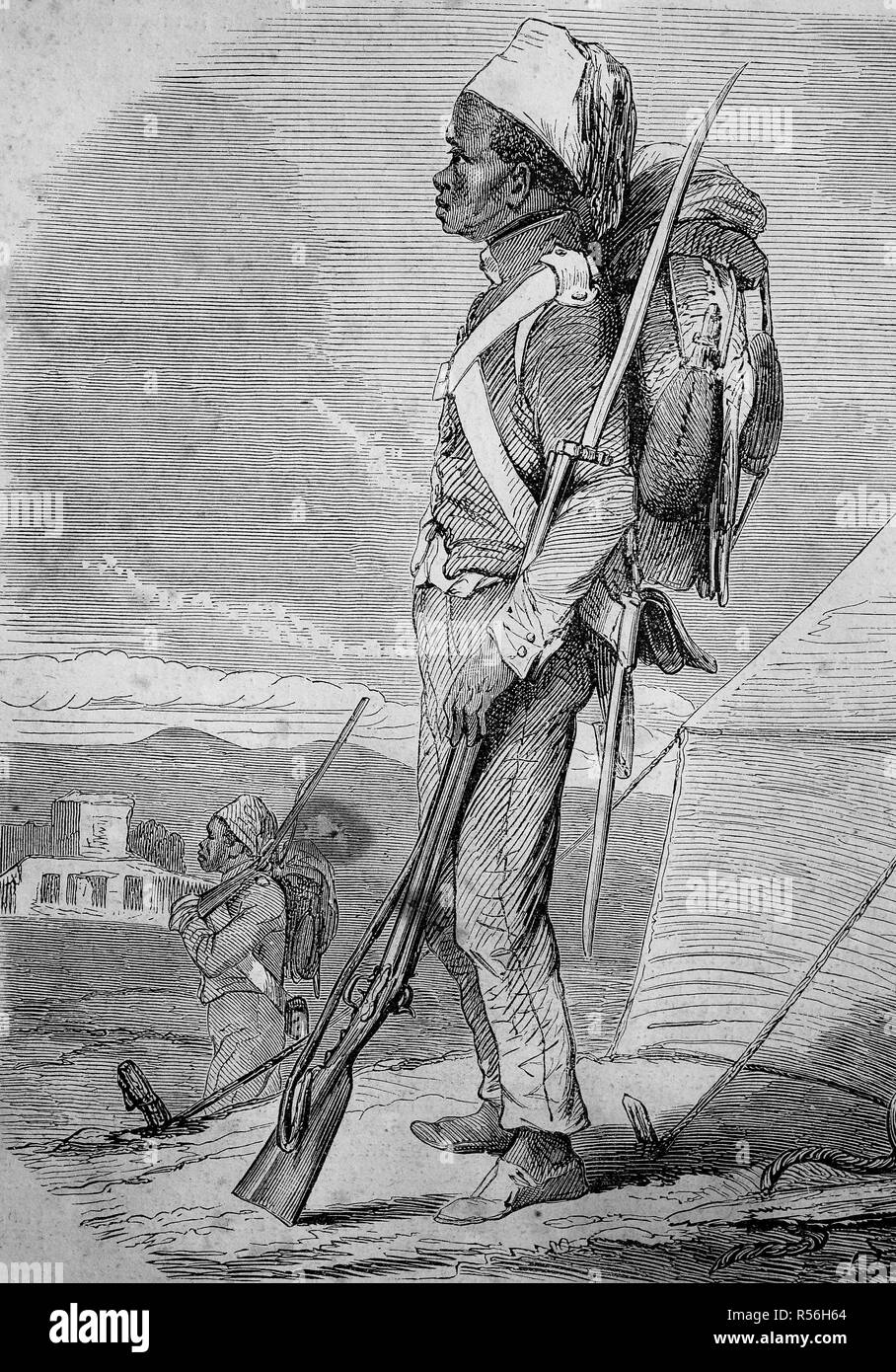 A Tunisian soldier with a backpack and a musket, 1855, woodcut, Tunisia Stock Photo