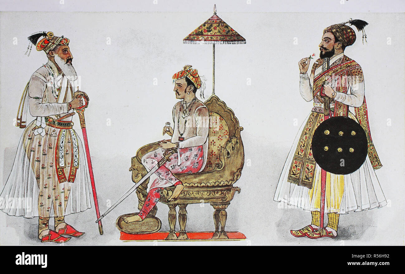 Clothing, fashion in India, from 1600-1800, from left, a distinguished rascal, a caste of the Hindu, then Jihangir, son of Akbar Stock Photo