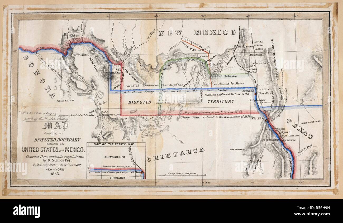 A map illustrating the disputed boundary between the United States and Mexico. Map illustrating the disputed Boundary between the United States and Mexico. Compiled ... & drawn by G. Schroeter. New York, 1853. Source: Maps 71495.(25.). Language: English. Stock Photo