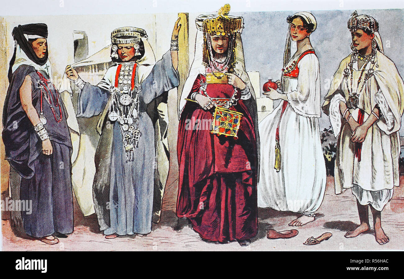 Clothing, fashion in Algeria, Algiers, around the 19th century, illustration, Algeria Stock Photo