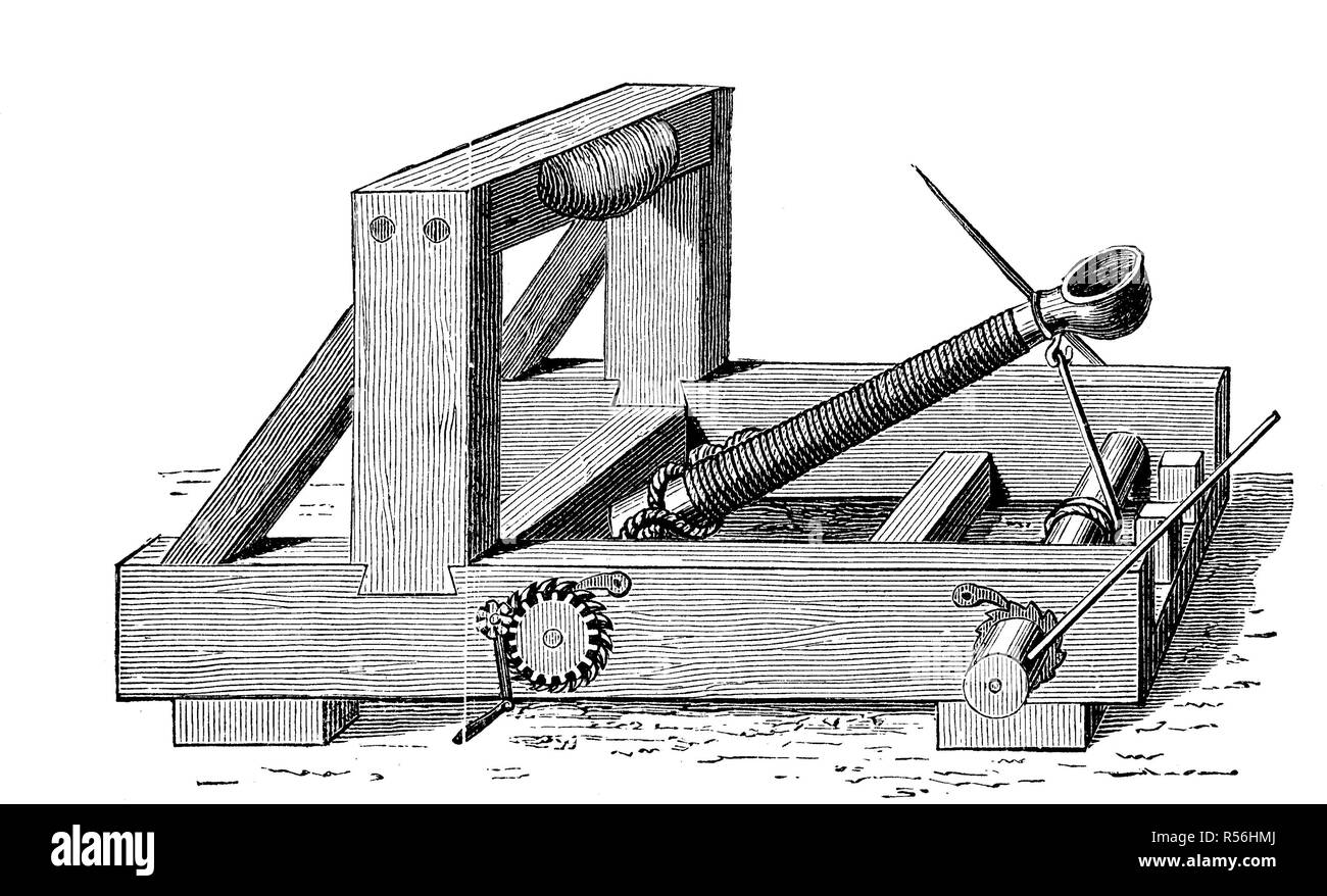 Heavy siege ballist, was a Roman throwing machine at the time of Caesar, 1800, woodcut, Italy Stock Photo