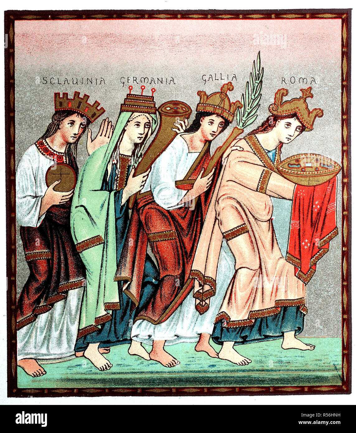 The female personifications of Sclavinia, Germany, Gaul and Rome bringing gifts, homage of the Four Provinces of Otto III Stock Photo