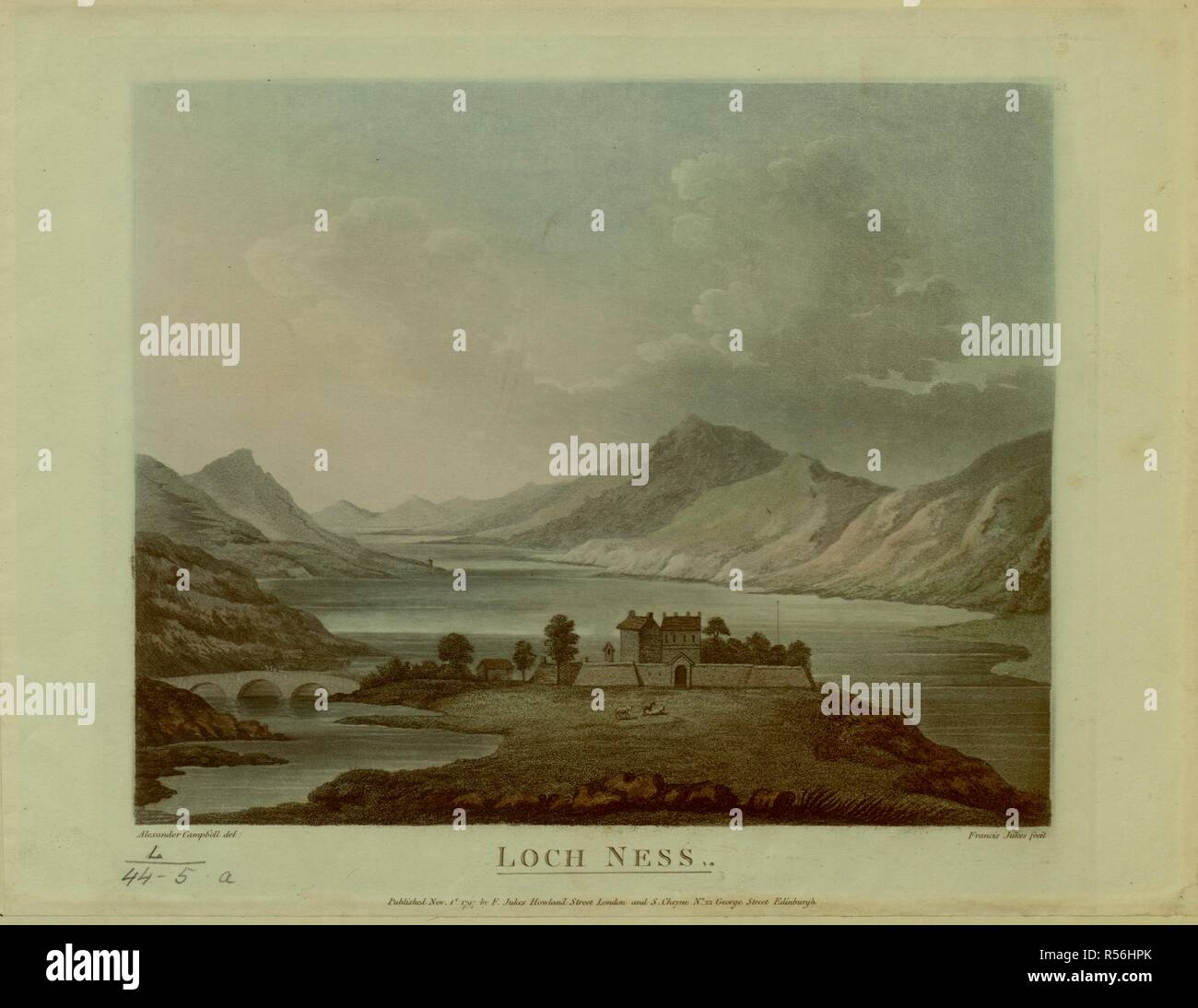 A house behind a stone wall on a piece of land projecting into Loch Ness; sheep grazing in front; a bridge on the left; mountains throughout the scene . LOCH NESS. [London and Edinburgh] : Published Nov 1t 1797 by F. Jukes Howland Street London and S. Cheyne No22 George Street Edinburgh., [November 1 1797]. Source: Maps K.Top.50.44.5.a. Language: English. Stock Photo