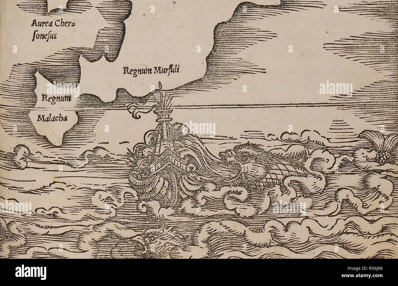 A sea monster known as a physetera or spouter, a type of whale, attacking a ship by vomiting water on it. C. Julii Solini Polyhistor ... Huic Pomponii MelÃ¦ de situ orbis libros ... adiunximus. Accesserunt nova scholia, quÃ¦ loca autoris utriusï€œ; obscuriora ... illustrant, tabulÃ¦ geographicÃ¦, etc. BasileÃ¦ : Apud M. Isingrinium & H. Petri, 1538. Source: 216.b.1, between pages 150 and 151. Stock Photo