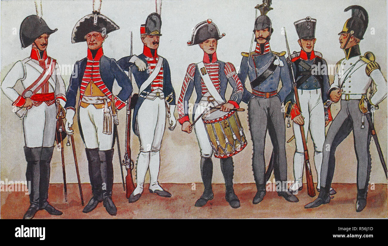 Fashion, clothes, uniforms in Europe, Prussian military, 1806, illustration, Germany Stock Photo
