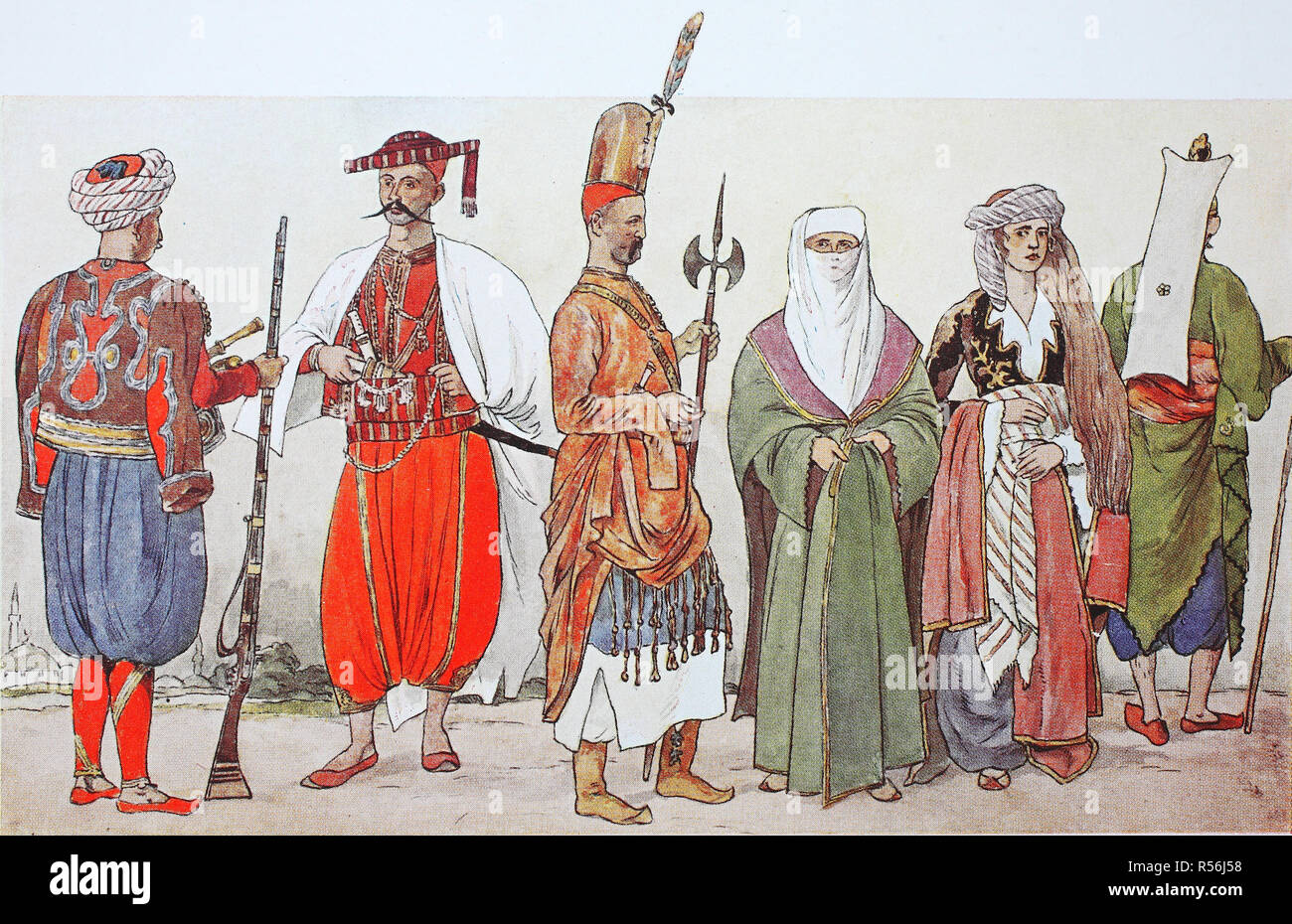 Fashion, historical clothes, folk costumes in Turkey from 1800, 1825, soldiers and women, illustration, Turkey Stock Photo