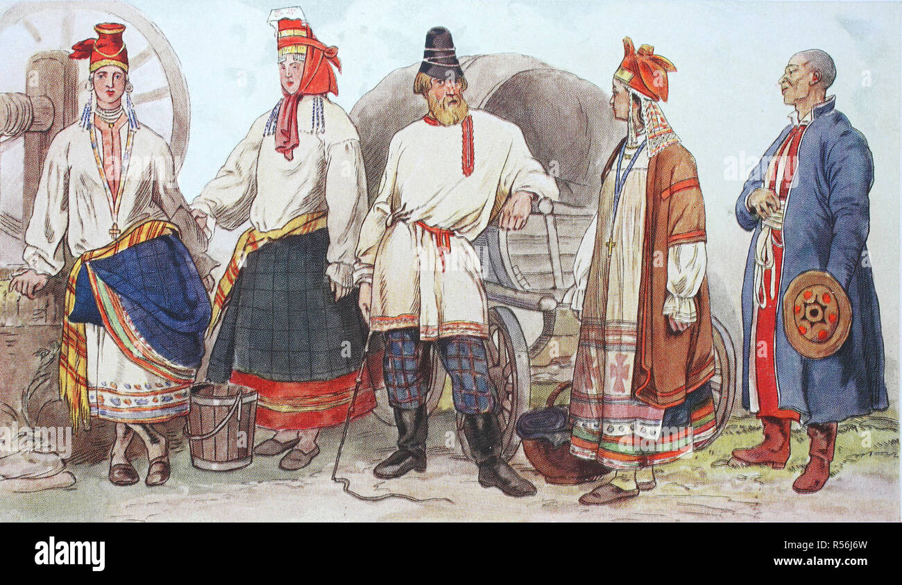 Fashion, historical clothes, folk costumes in Russia, 19th century