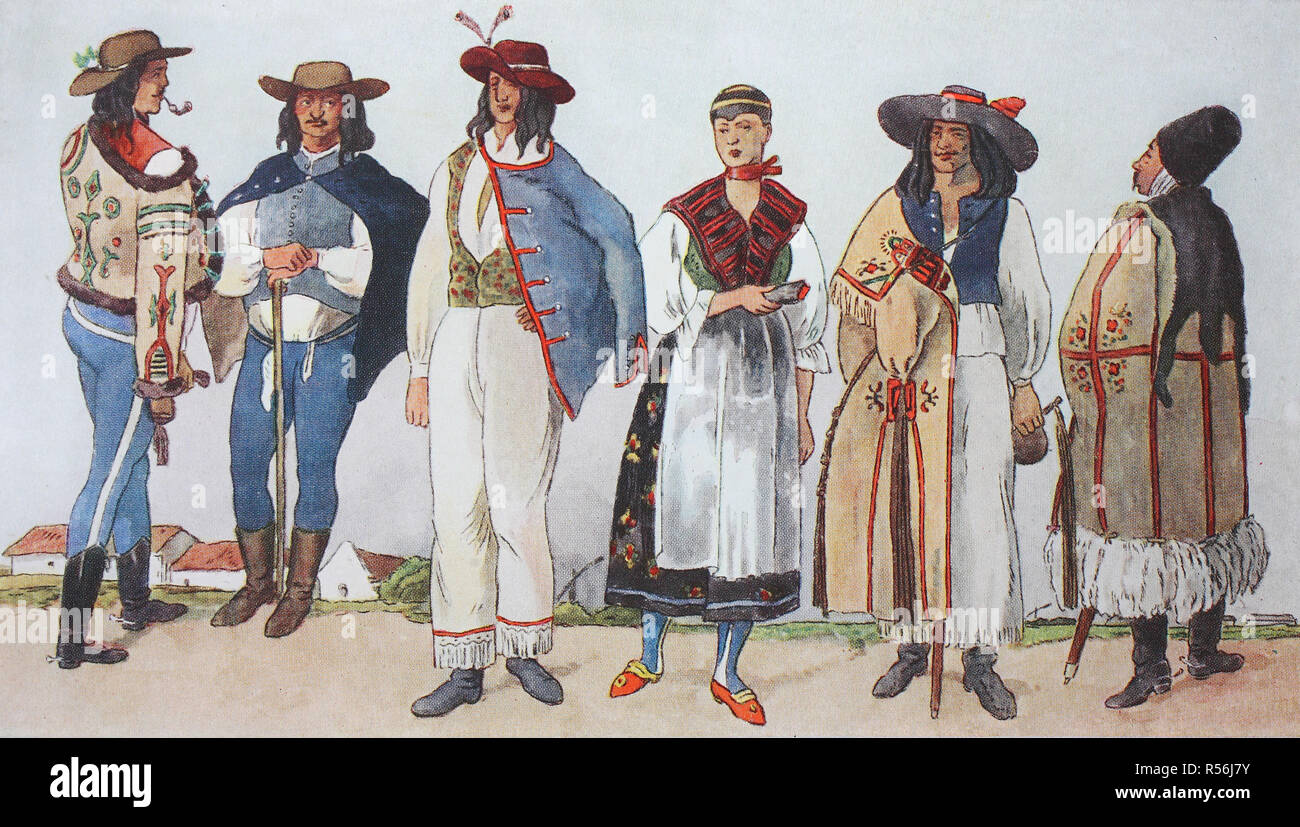 Fashion, clothes, folk costumes in Hungary, illustration, Hungary Stock Photo