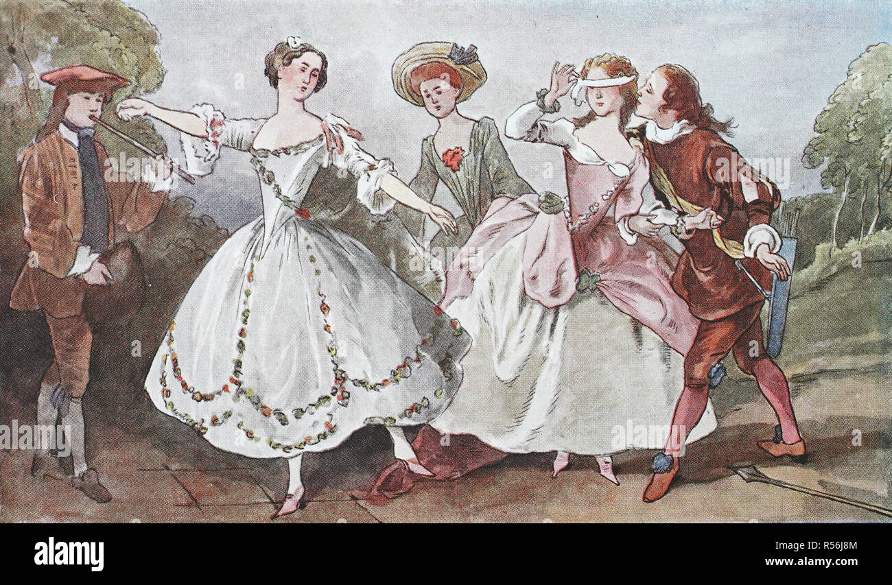 Fashion, clothing, costumes in France, rococo-style clothing in a 1725 dance, illustration, France Stock Photo