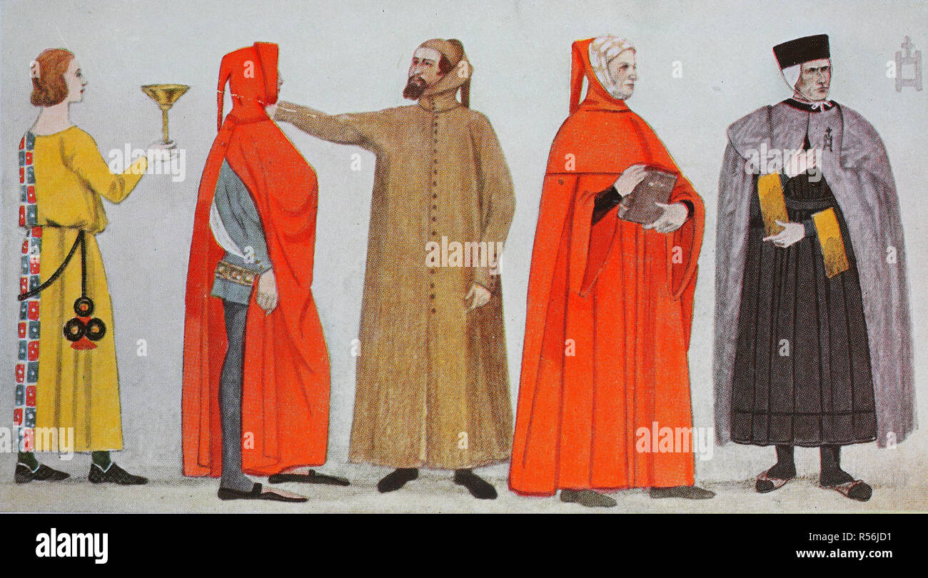Clothing, fashion in Italy, early Renaissance in the 14th century, illustration, Italy Stock Photo