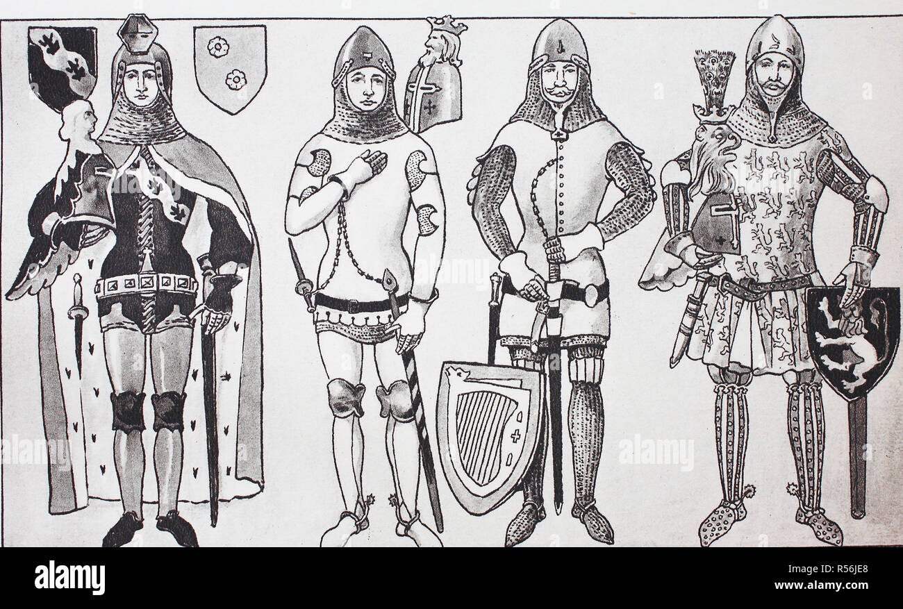Fashion, historical clothing, German Knights costumes in the 14th century, woodcut, Germany Stock Photo