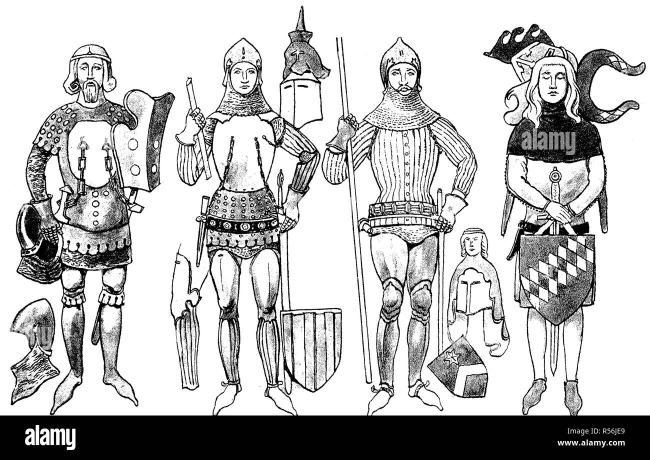 Fashion, historical clothing, German knights costumes in the 14th century, woodcut, Germany Stock Photo