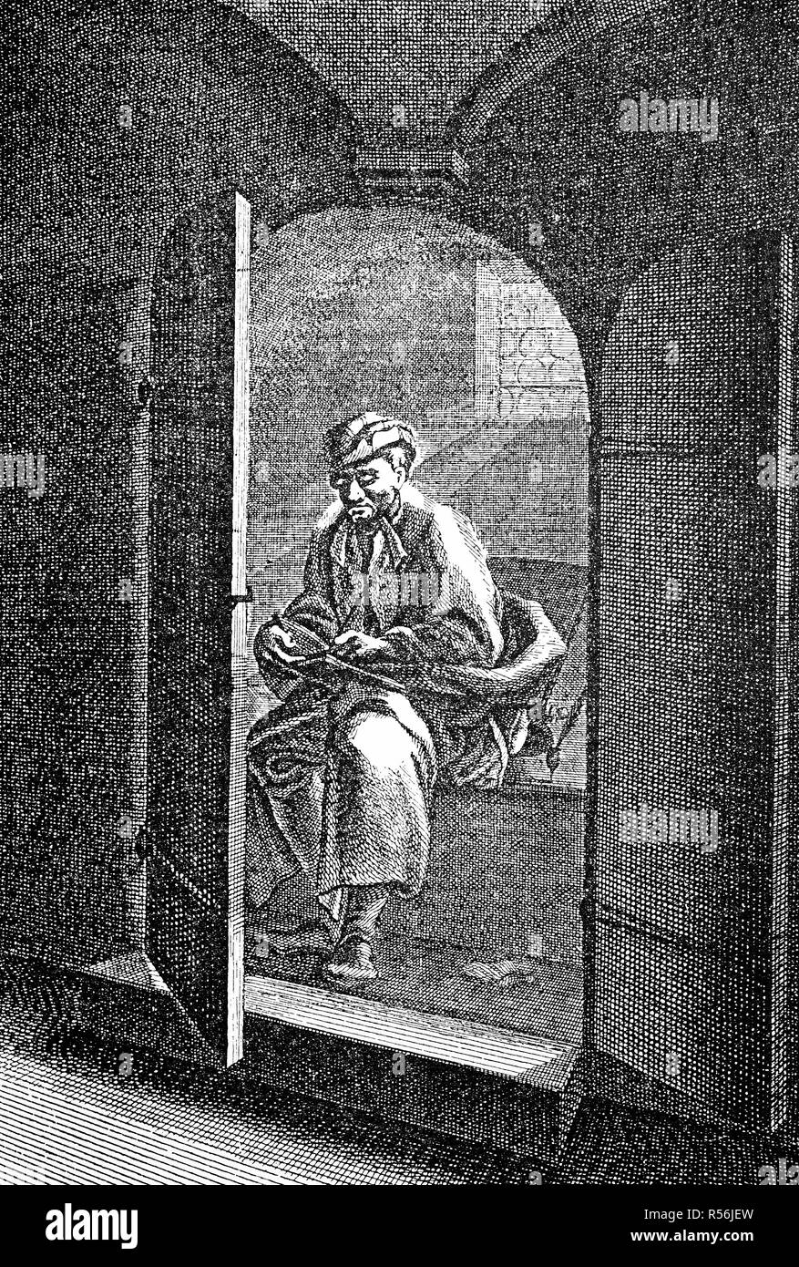Student sitting on toilet, Loco secreto, 1750, woodcut, France Stock Photo