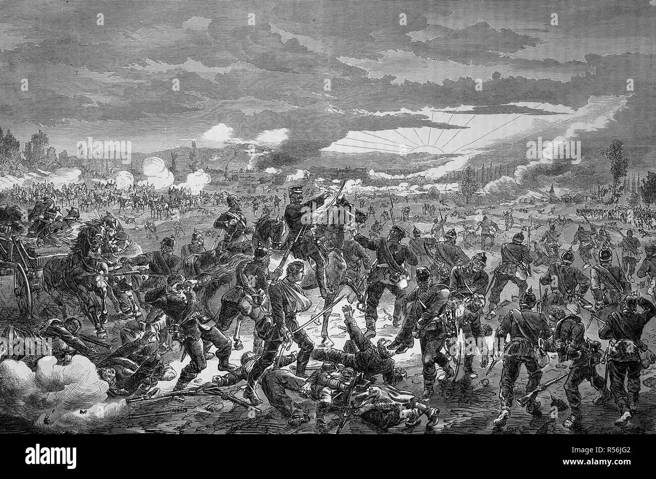 The Prussian 1st Division in battle at Pange on 14th August, Franco-German War 1870/71, woodcut, France Stock Photo