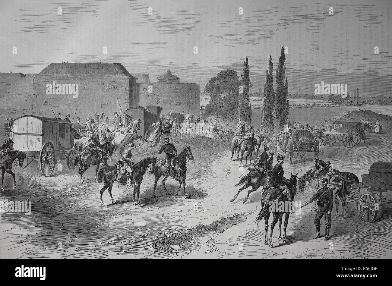 The 12th Army Corps crosses the Rhine at Fort Montebello near Mainz on 3 August 1870, Franco-Prussian War or Franco-German War Stock Photo