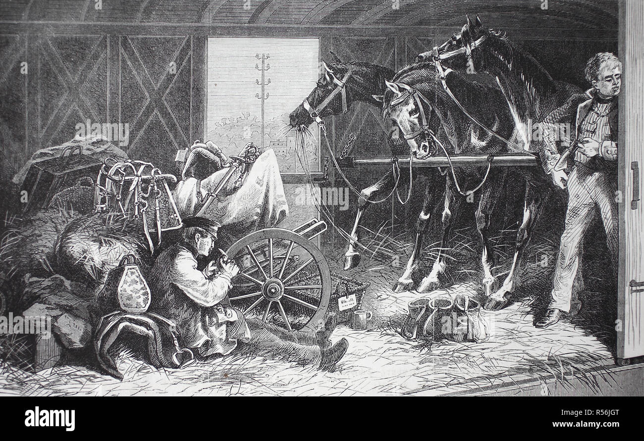 Cavalry transport by rail, horse stable of a guard corps officer, Franco-Prussian War or Franco-German War 1870/1871, woodcut Stock Photo