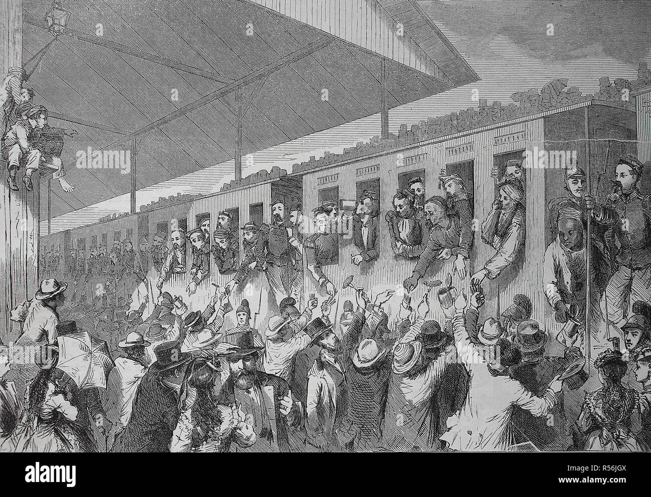 French prisoners of war at the railway station in Munich on August 10, Franco-Prussian War or Franco-German War 1870/1871 Stock Photo