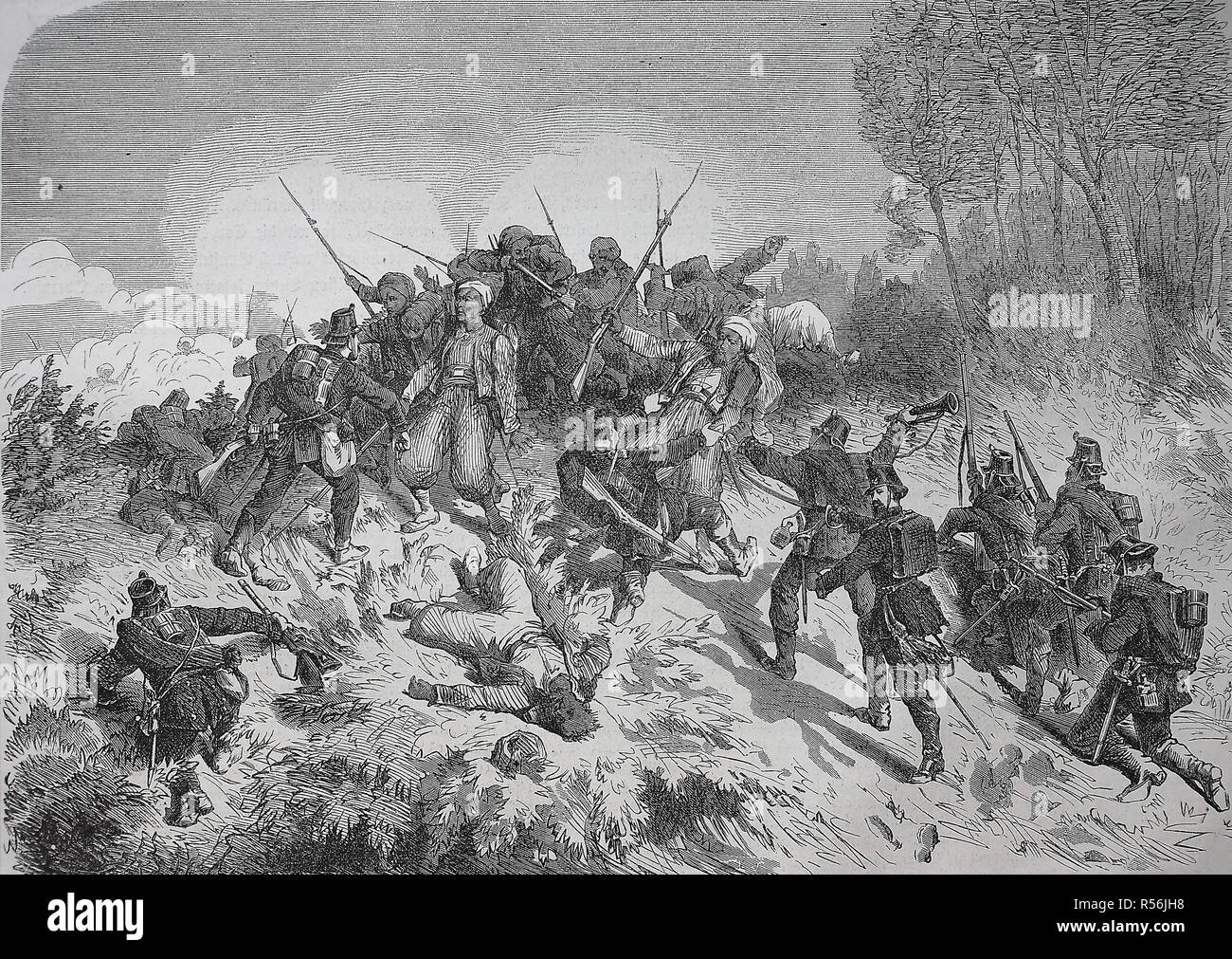 Capture of Turcos by North German riflemen, fighter near Woerth, Franco-Prussian War or Franco-German War 1870/1871, woodcut Stock Photo