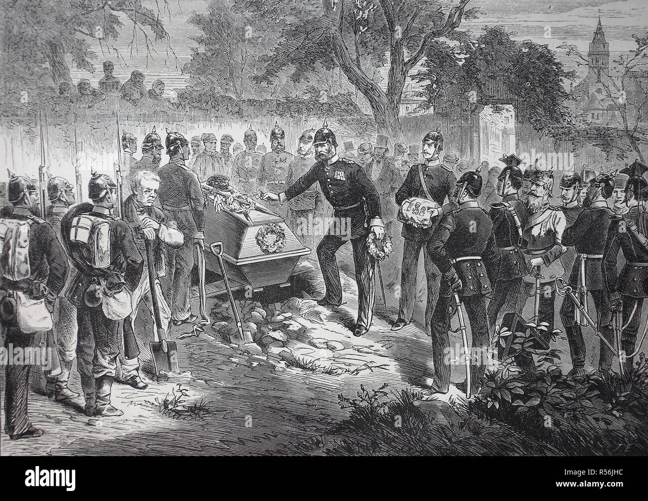 Burial of the French general Douaine by Prussian troops in Sarreguemines on August 7, 1870, Franco-German War 1870/1871, woodcut Stock Photo