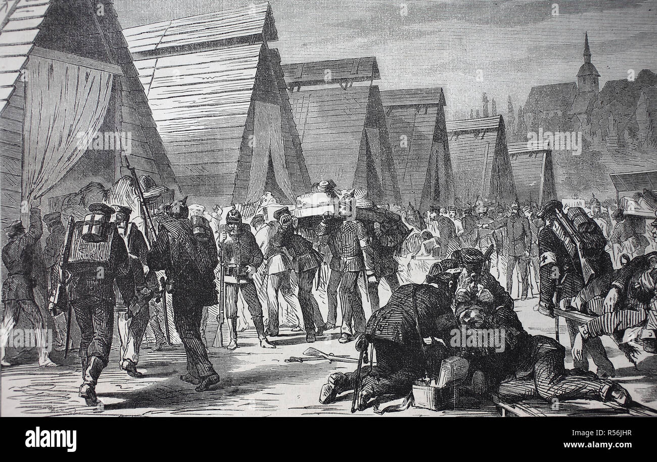 The barrack camp for the heavily wounded soldiers in Sulz, Franco-Prussian War or Franco-German War 1870/1871, woodcut, France Stock Photo