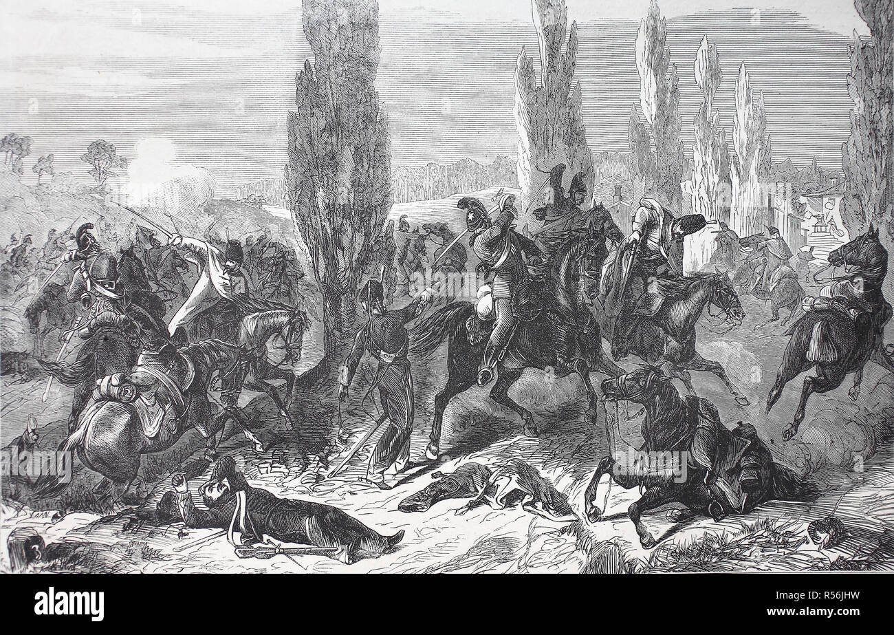 The 3rd Saxon cavalry regiment in battle at Buzaney on August 27, 1870, German-French War 1870/71, woodcut Stock Photo