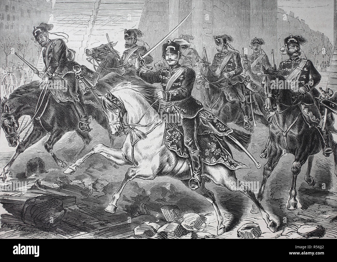 The first German soldiers in Paris on the morning of March 1, 1871, France, German-French campaign of 1870/1871, woodcut, France Stock Photo