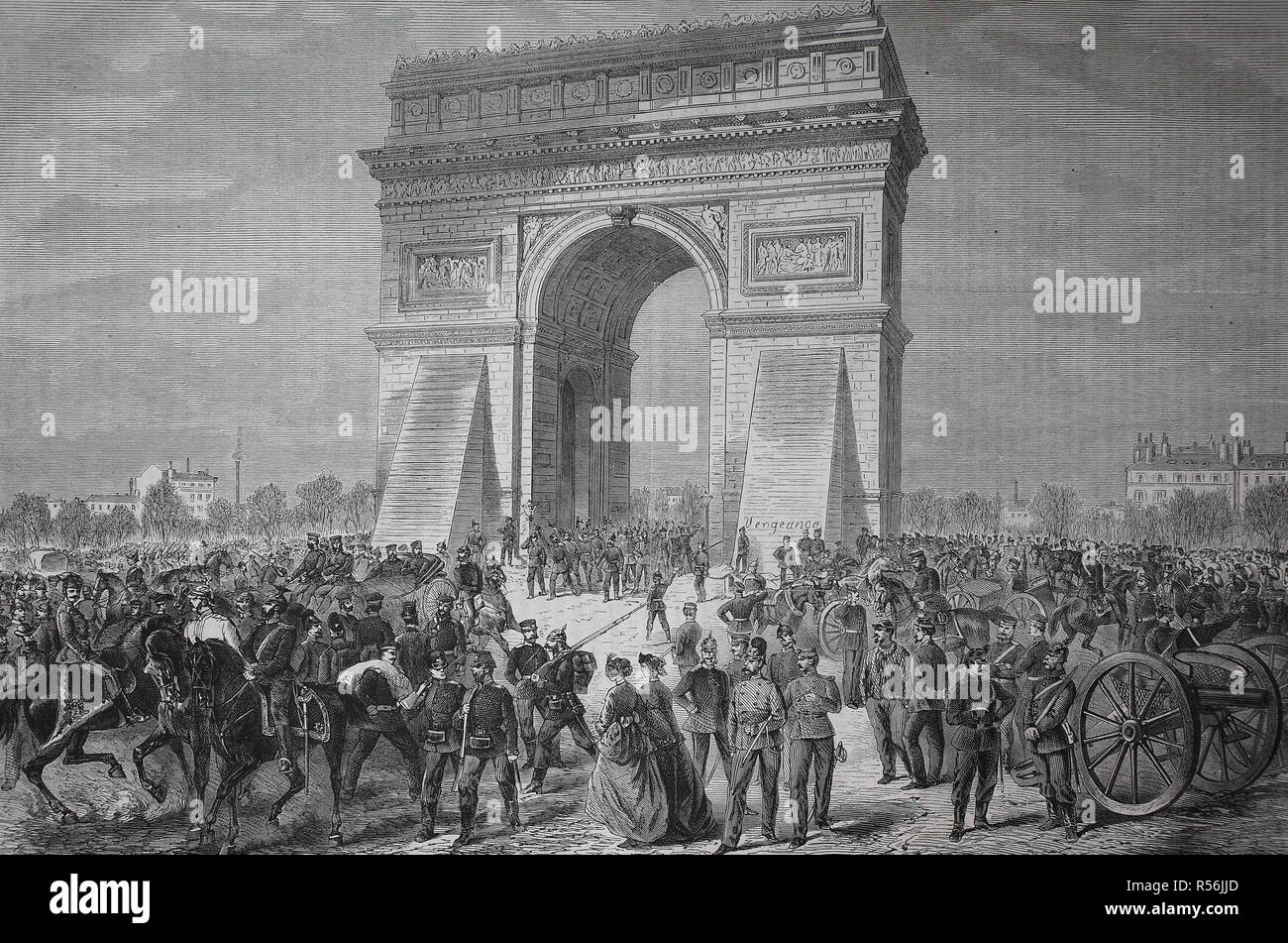On the triumphal arch in Paris, during the stay of the German soldiers on March 2, 1871, woodcut, France Stock Photo