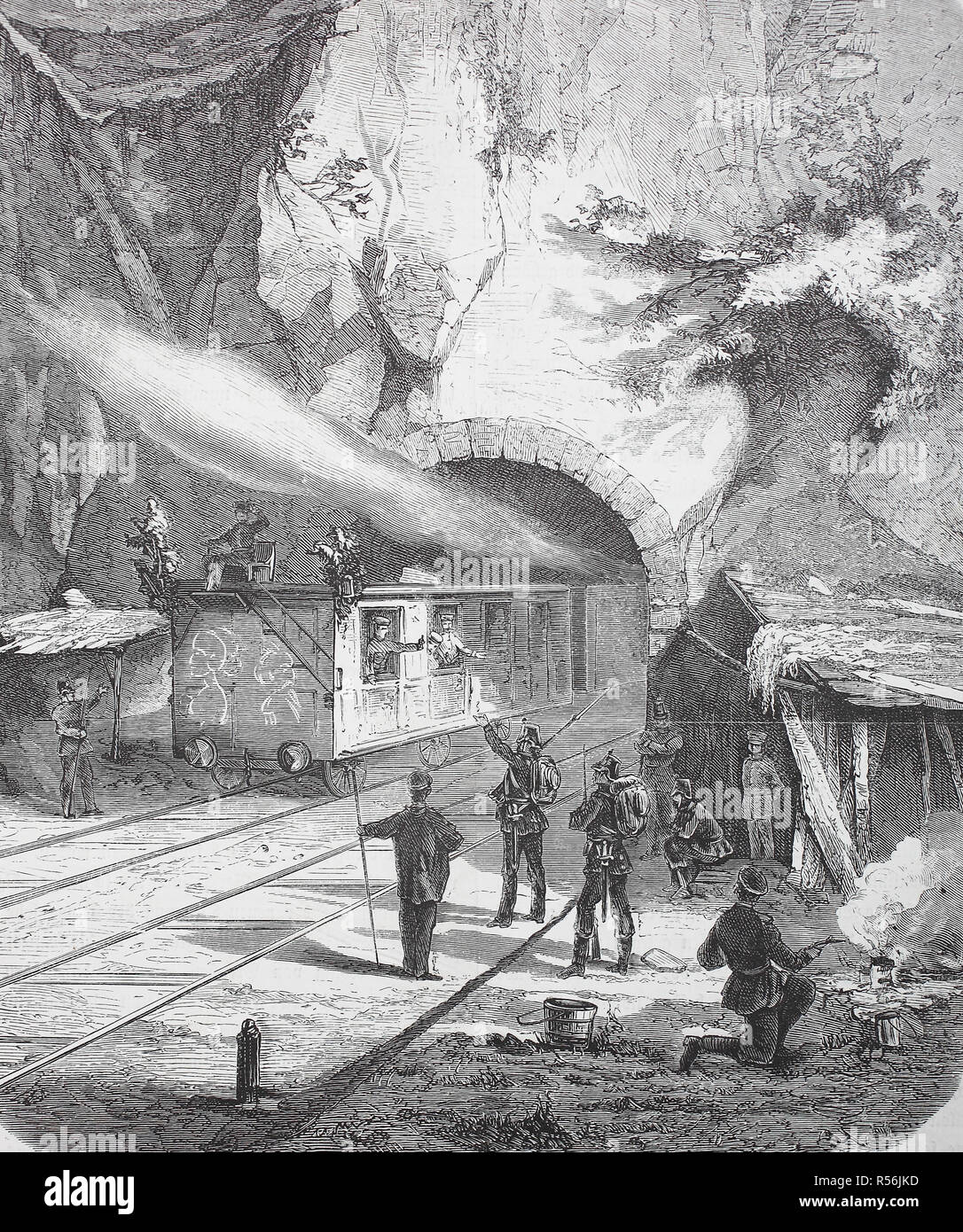 Prussian troops guard a railway tunnel near Saarburg, Germany, German-French War 1870/1871, woodcut, France Stock Photo