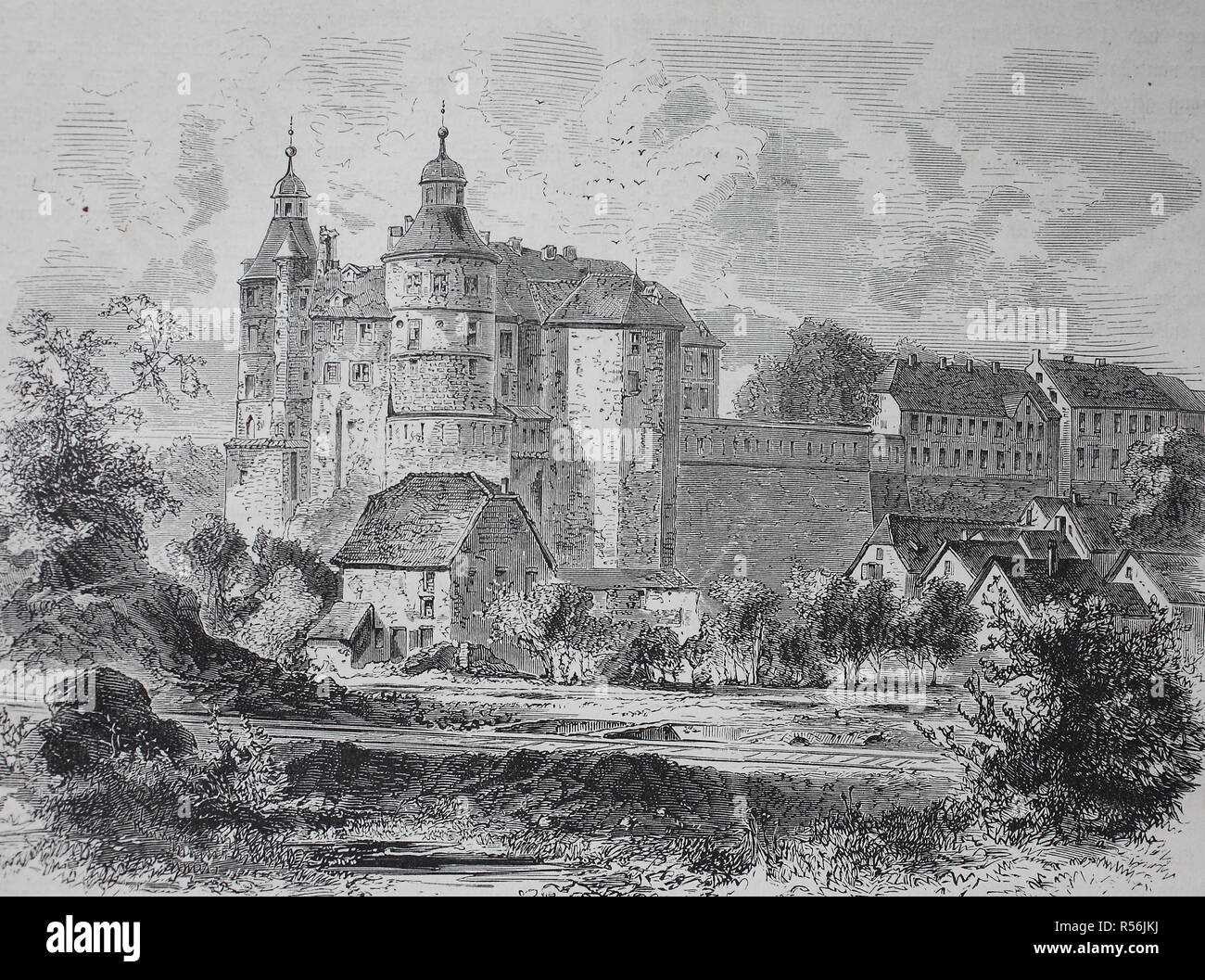 The castle Montbeliard in eastern France, Franco-German war 1870/1871, woodcut, France Stock Photo