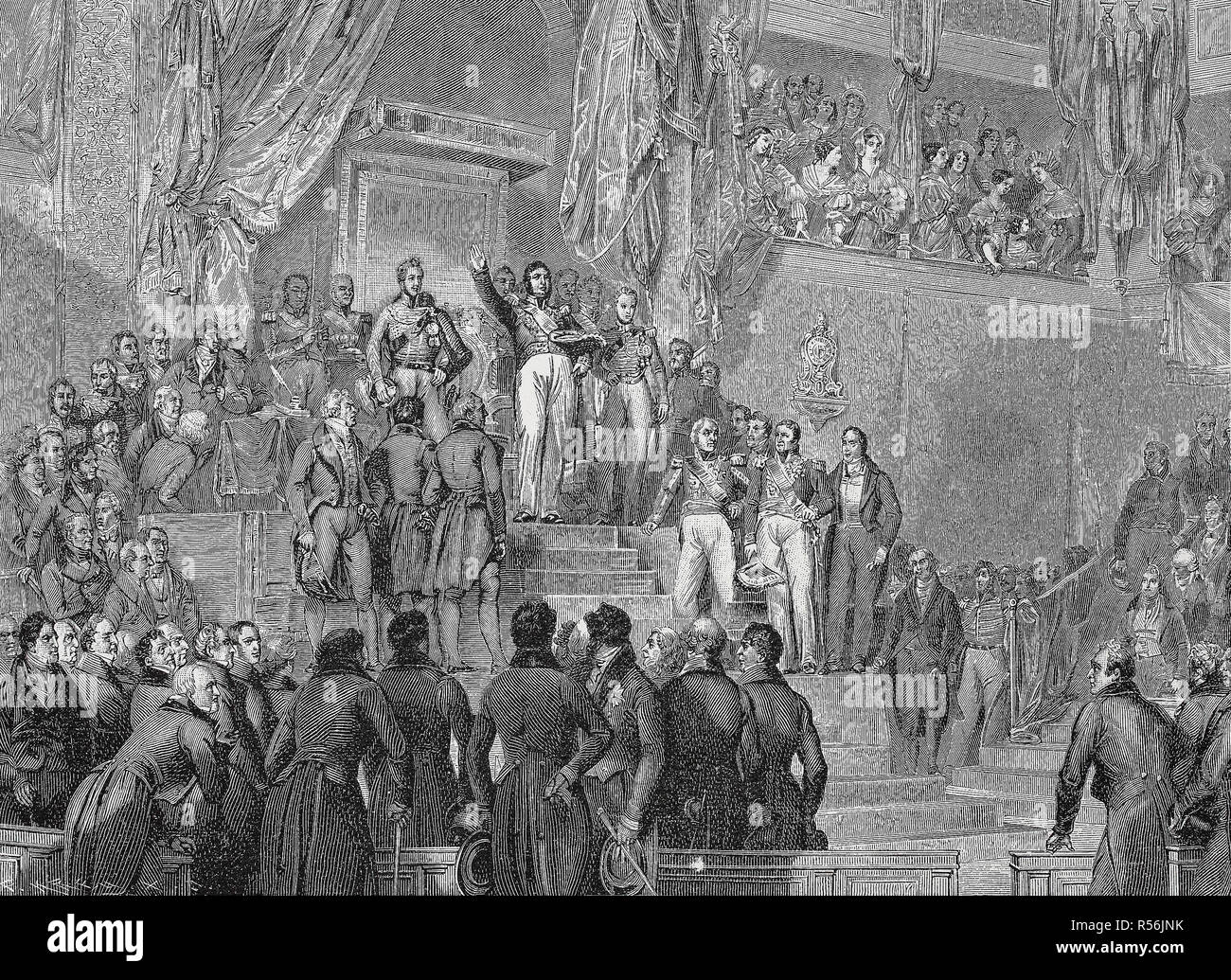 The July Revolution in Paris, Louis Philip makes an oath on August 9, 1830, painting by E. Deveria in the National Gallery of Stock Photo