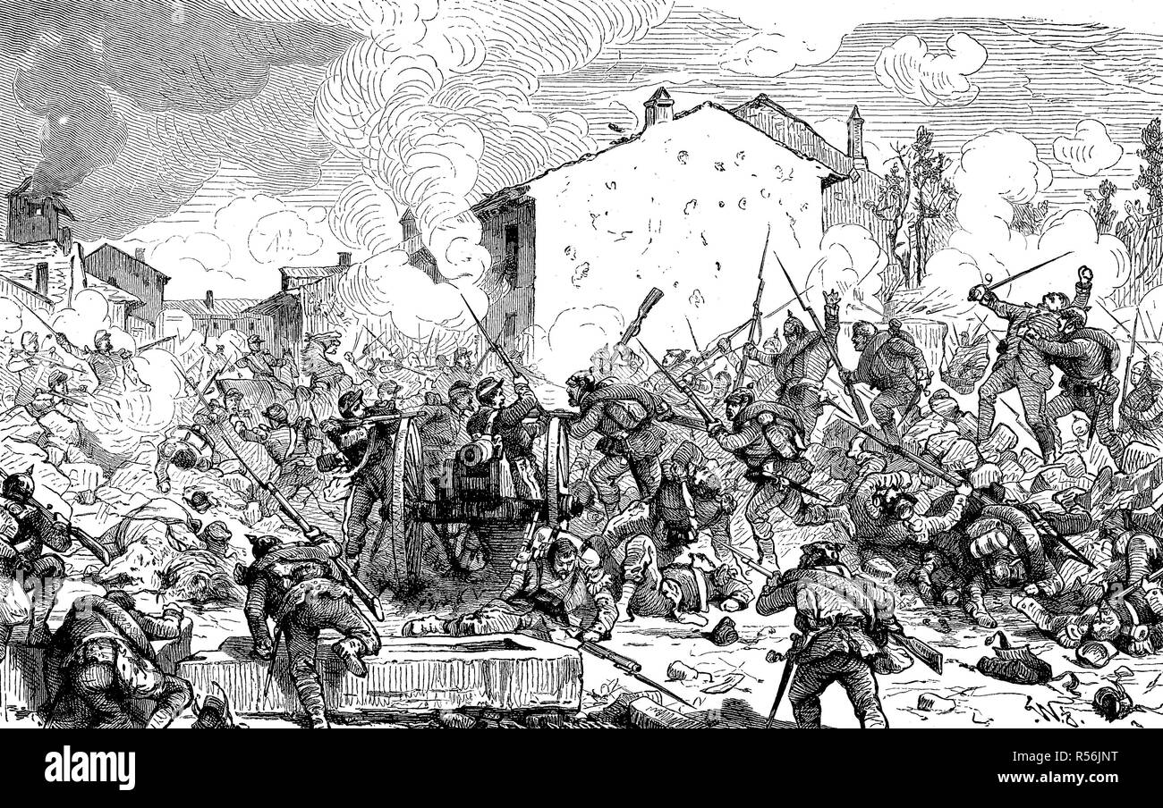 The Storming of St. Privat by the Guards and Saxons on the evening of 18 August 1870 in the German-French War, woodcut, France Stock Photo